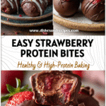 Bite-sized chocolate covered strawberry protein treats on a rustic plate from Healthy Sweet Snacks Recipes.